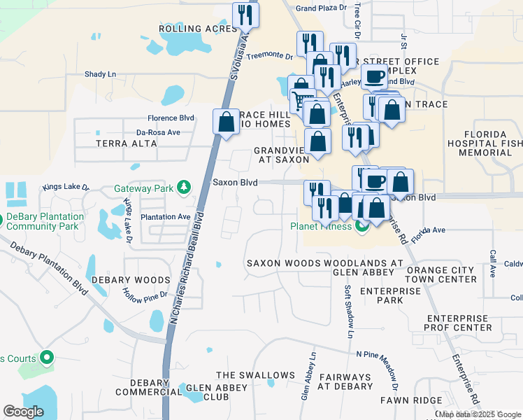 map of restaurants, bars, coffee shops, grocery stores, and more near 124 Bradwick Circle in DeBary