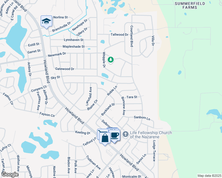 map of restaurants, bars, coffee shops, grocery stores, and more near 1632 Roble Lane in Deltona