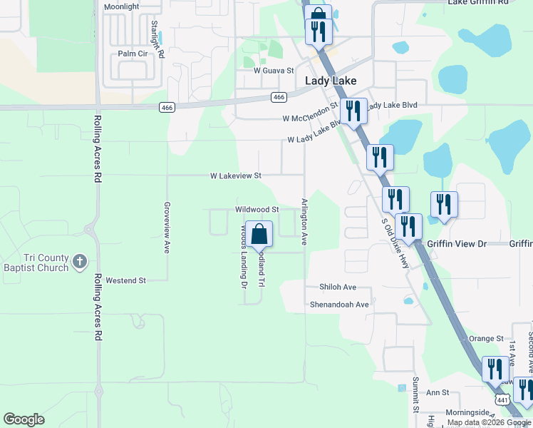 map of restaurants, bars, coffee shops, grocery stores, and more near 327 Wildwood Street in Lady Lake