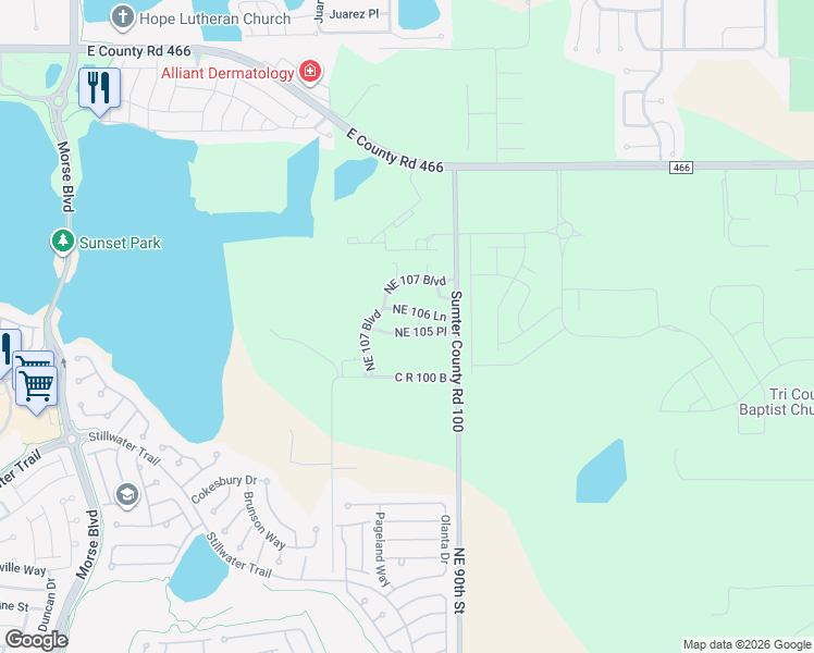 map of restaurants, bars, coffee shops, grocery stores, and more near 8884 Northeast 105 Place in The Villages