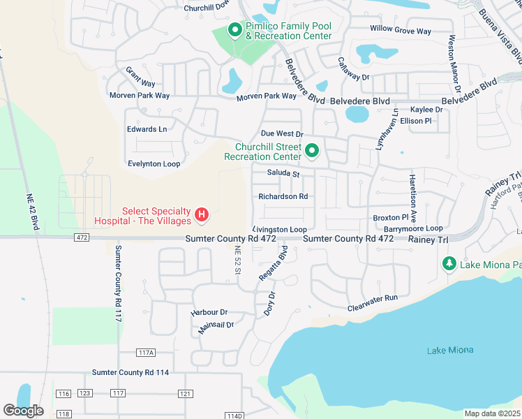 map of restaurants, bars, coffee shops, grocery stores, and more near 2471 Southern Oak Street in The Villages