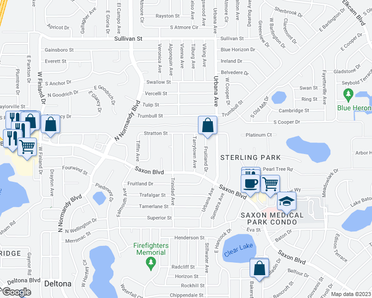 map of restaurants, bars, coffee shops, grocery stores, and more near 1699 Templewood Avenue in Deltona
