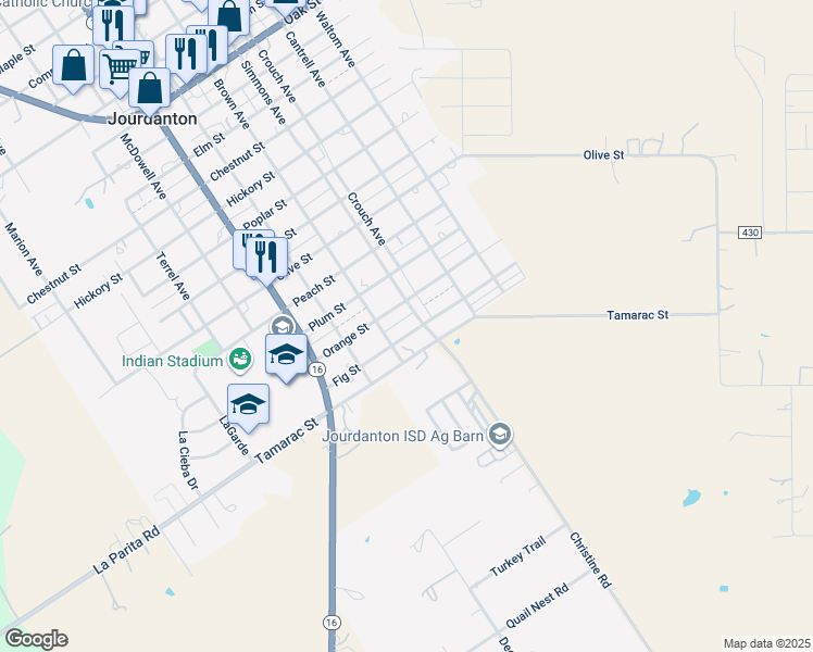 map of restaurants, bars, coffee shops, grocery stores, and more near 911 Fig St in Jourdanton