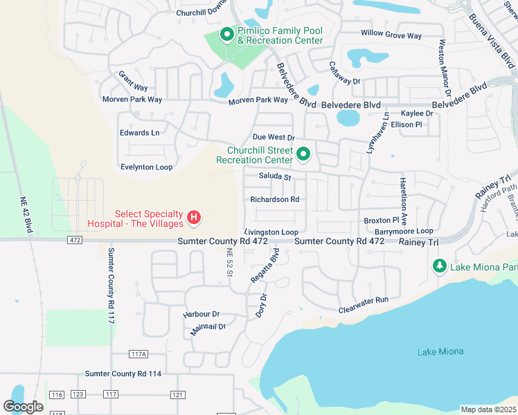 map of restaurants, bars, coffee shops, grocery stores, and more near 2471 Southern Oak Street in The Villages