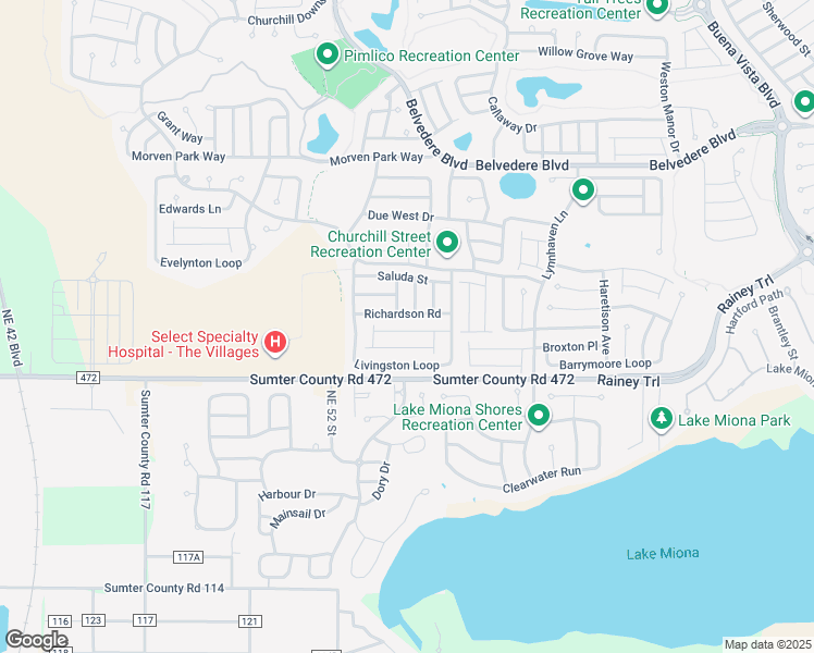 map of restaurants, bars, coffee shops, grocery stores, and more near 2419 Southern Oak Street in The Villages