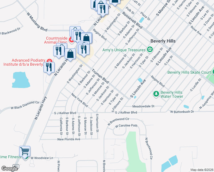 map of restaurants, bars, coffee shops, grocery stores, and more near 305 South Monroe Street in Beverly Hills