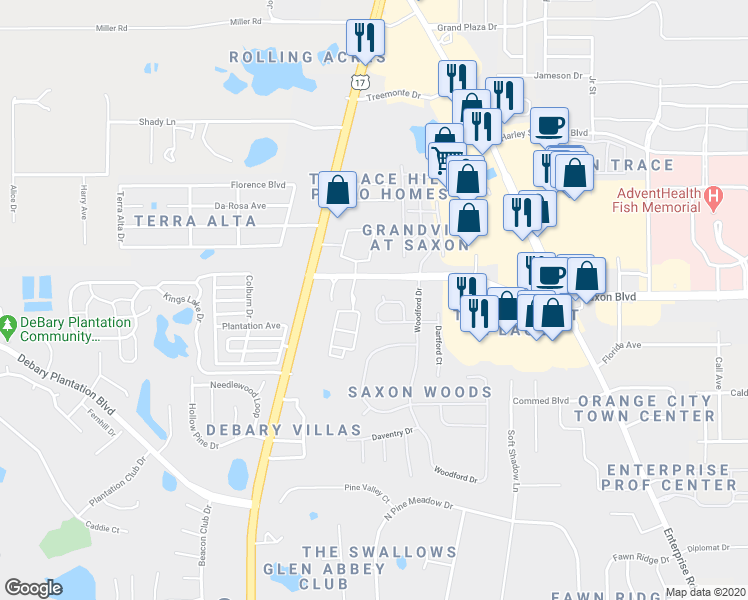 map of restaurants, bars, coffee shops, grocery stores, and more near 124 Bradwick Circle in DeBary