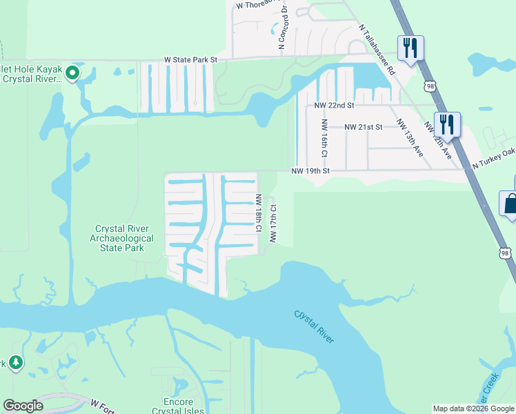 map of restaurants, bars, coffee shops, grocery stores, and more near 1700 Northwest 18th Court in Crystal River