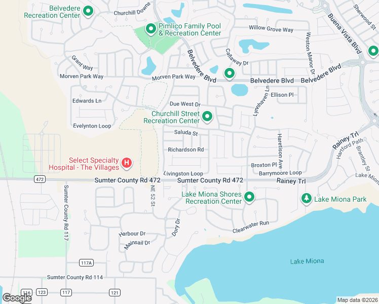 map of restaurants, bars, coffee shops, grocery stores, and more near 2419 Southern Oak Street in The Villages