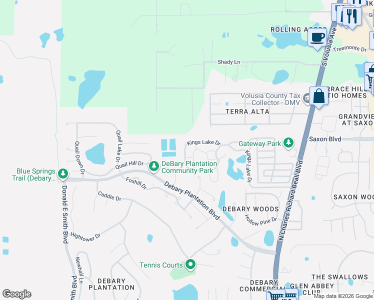 map of restaurants, bars, coffee shops, grocery stores, and more near 435-451 Kings Lake Drive in DeBary
