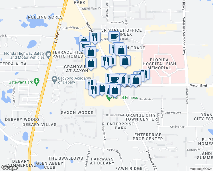 map of restaurants, bars, coffee shops, grocery stores, and more near 856 Saxon Boulevard in Orange City