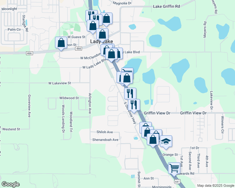 map of restaurants, bars, coffee shops, grocery stores, and more near 357 Sunny Oaks Way in Lady Lake
