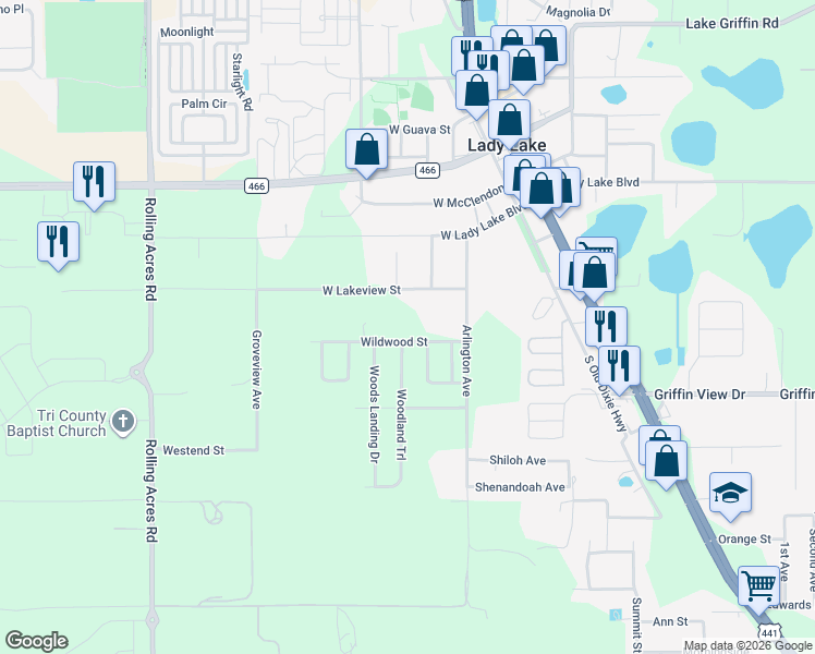 map of restaurants, bars, coffee shops, grocery stores, and more near 327 Wildwood Street in Lady Lake