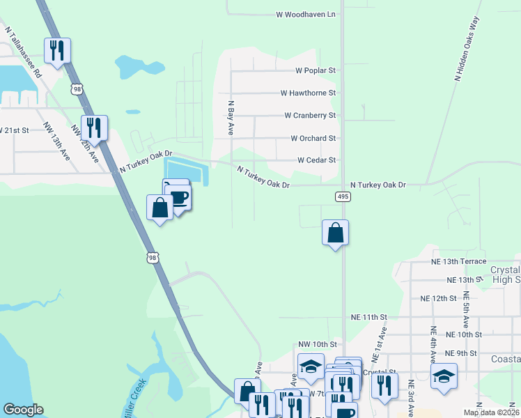map of restaurants, bars, coffee shops, grocery stores, and more near 3390 North Olive Avenue in Crystal River
