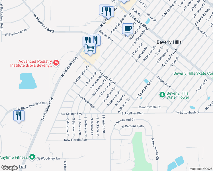 map of restaurants, bars, coffee shops, grocery stores, and more near 305 South Monroe Street in Beverly Hills