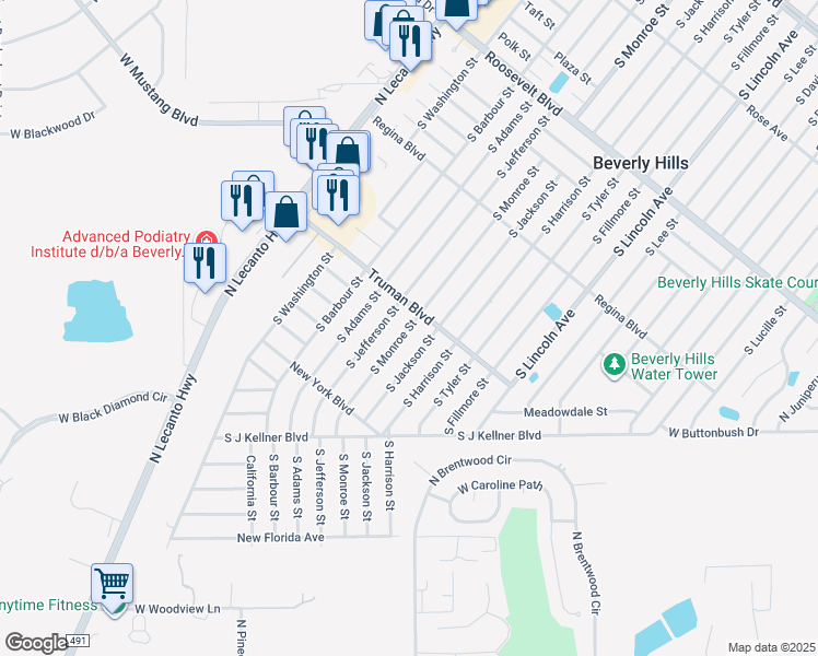 map of restaurants, bars, coffee shops, grocery stores, and more near 305 South Monroe Street in Beverly Hills