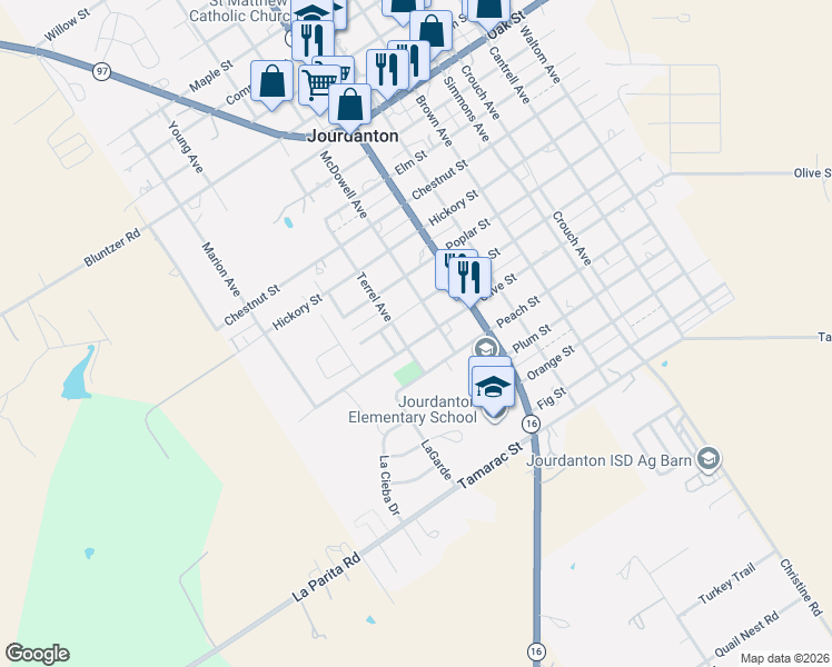 map of restaurants, bars, coffee shops, grocery stores, and more near 505 Olive Street in Jourdanton