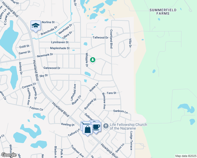 map of restaurants, bars, coffee shops, grocery stores, and more near 3300 Sky Street in Deltona