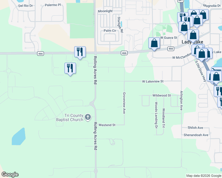map of restaurants, bars, coffee shops, grocery stores, and more near 38700 Rolling Acres Road in Lady Lake