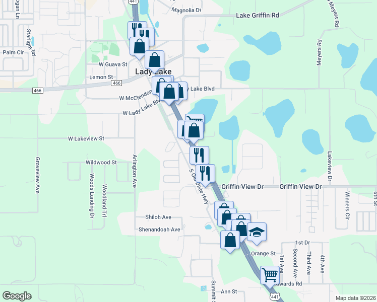 map of restaurants, bars, coffee shops, grocery stores, and more near 441 U.S. 27 in Lady Lake