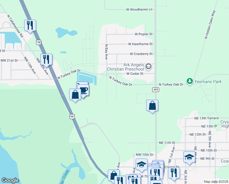 map of restaurants, bars, coffee shops, grocery stores, and more near 3440 North Olive Avenue in Crystal River