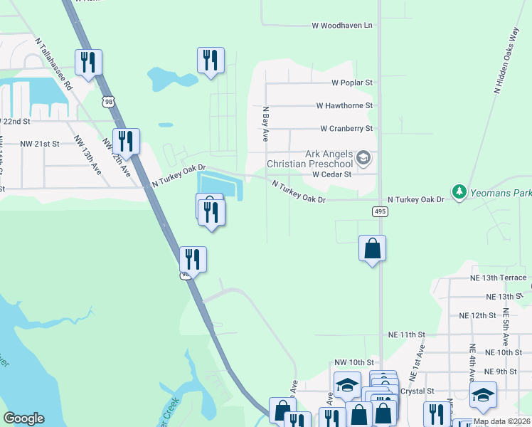 map of restaurants, bars, coffee shops, grocery stores, and more near 3390 North Bay Avenue in Crystal River