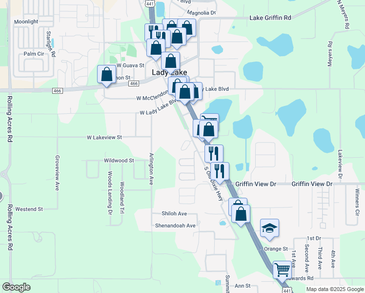 map of restaurants, bars, coffee shops, grocery stores, and more near 301 West Lakeview Street in Lady Lake