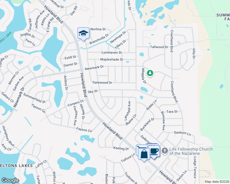 map of restaurants, bars, coffee shops, grocery stores, and more near 3116 Sky Street in Deltona