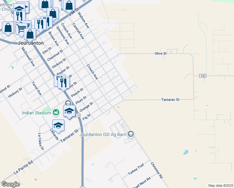 map of restaurants, bars, coffee shops, grocery stores, and more near 1116 Orange Street in Jourdanton