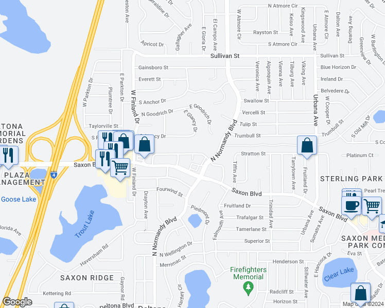 map of restaurants, bars, coffee shops, grocery stores, and more near 649 North Apache Circle in Deltona