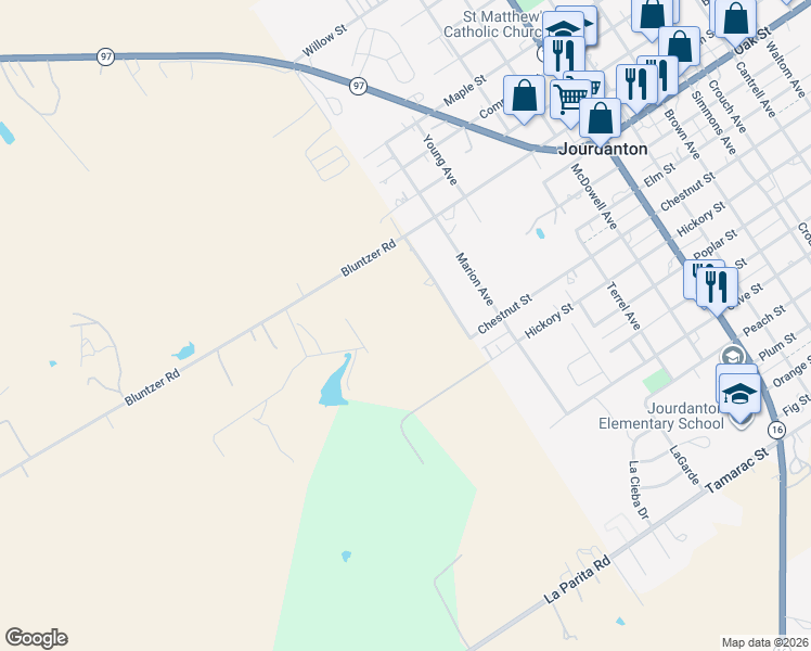 map of restaurants, bars, coffee shops, grocery stores, and more near 375 Bluntzer Road in Jourdanton