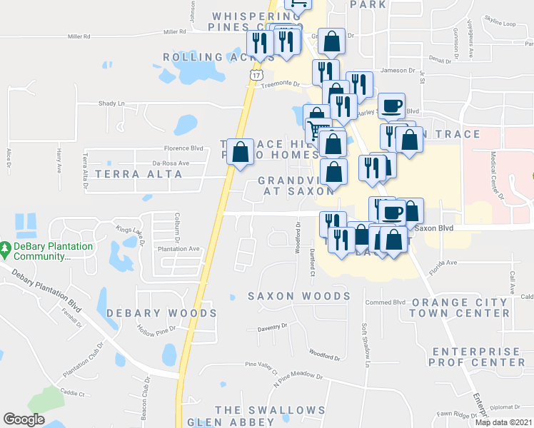 map of restaurants, bars, coffee shops, grocery stores, and more near 248 Saxon Boulevard in DeBary