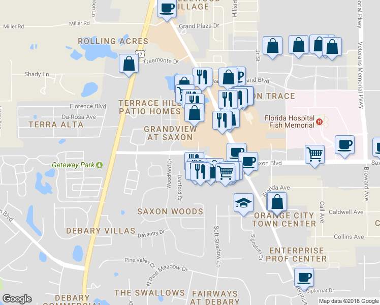 map of restaurants, bars, coffee shops, grocery stores, and more near 846 Saxon Boulevard in Orange City