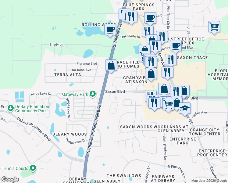 map of restaurants, bars, coffee shops, grocery stores, and more near 200 Saxon Boulevard in DeBary