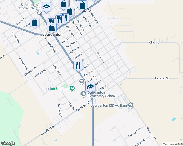 map of restaurants, bars, coffee shops, grocery stores, and more near 807 Peach Street in Jourdanton