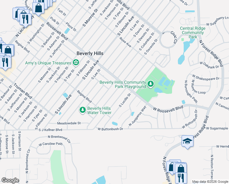 map of restaurants, bars, coffee shops, grocery stores, and more near 84 South Osceola Street in Beverly Hills