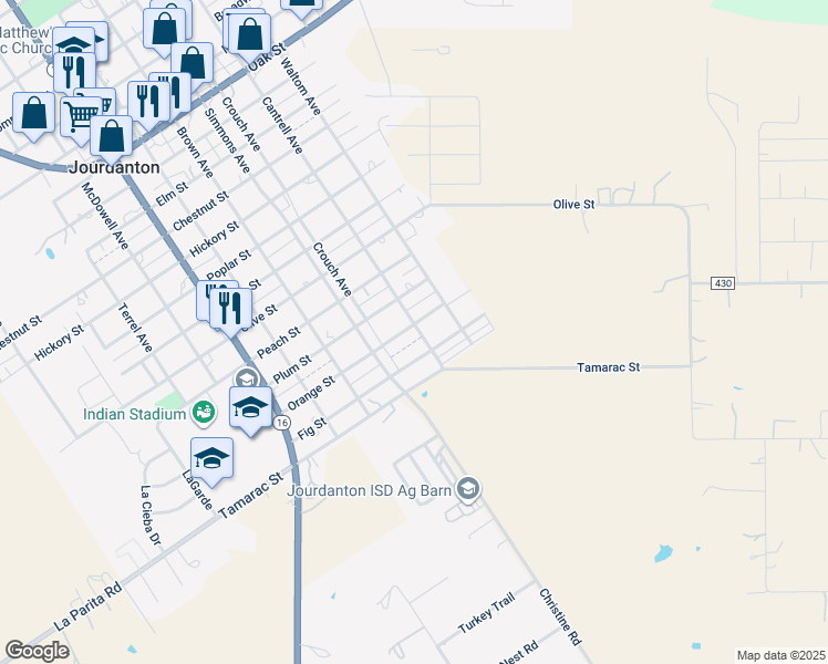 map of restaurants, bars, coffee shops, grocery stores, and more near 1116 Orange Street in Jourdanton