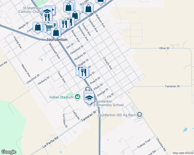 map of restaurants, bars, coffee shops, grocery stores, and more near 807 Peach Street in Jourdanton