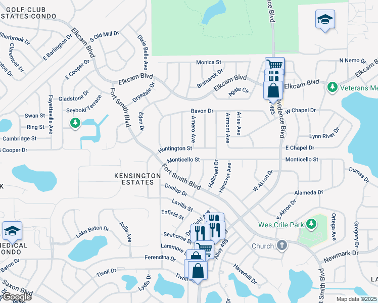 map of restaurants, bars, coffee shops, grocery stores, and more near 1581 Huntington Street in Deltona