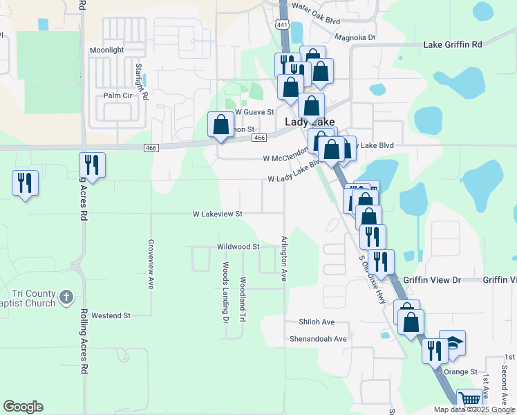 map of restaurants, bars, coffee shops, grocery stores, and more near 301 West Lakeview Street in Lady Lake