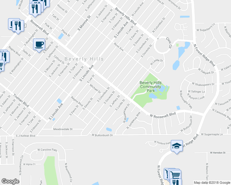 map of restaurants, bars, coffee shops, grocery stores, and more near 73 South Osceola Street in Beverly Hills
