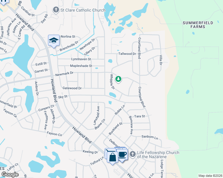 map of restaurants, bars, coffee shops, grocery stores, and more near 3213 Sky Street in Deltona