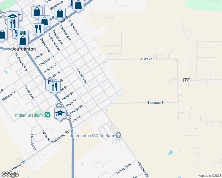 map of restaurants, bars, coffee shops, grocery stores, and more near 1218 Orange Street in Jourdanton