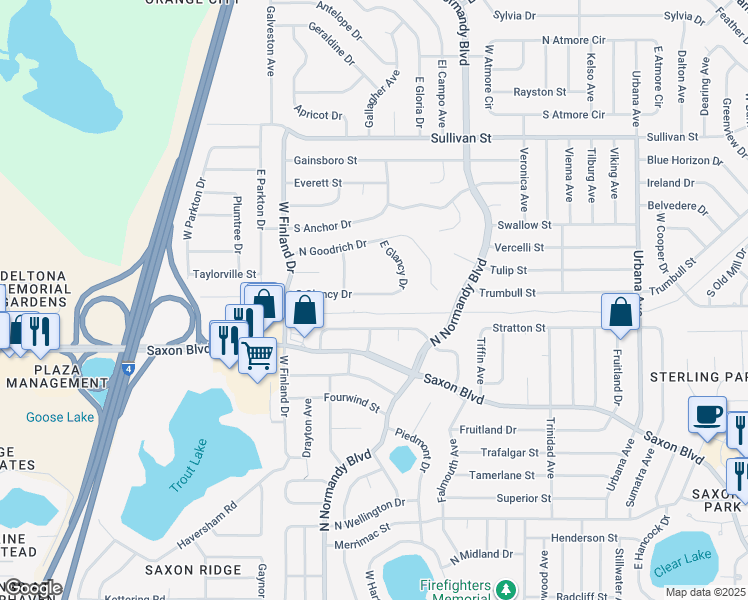 map of restaurants, bars, coffee shops, grocery stores, and more near 625 South Glancy Drive in Deltona
