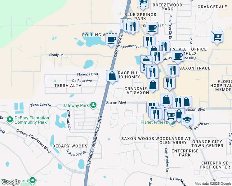 map of restaurants, bars, coffee shops, grocery stores, and more near 450 Alessandra Circle in Orange City