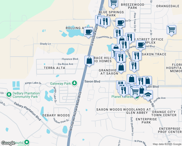 map of restaurants, bars, coffee shops, grocery stores, and more near 330 Alessandra Circle in Orange City