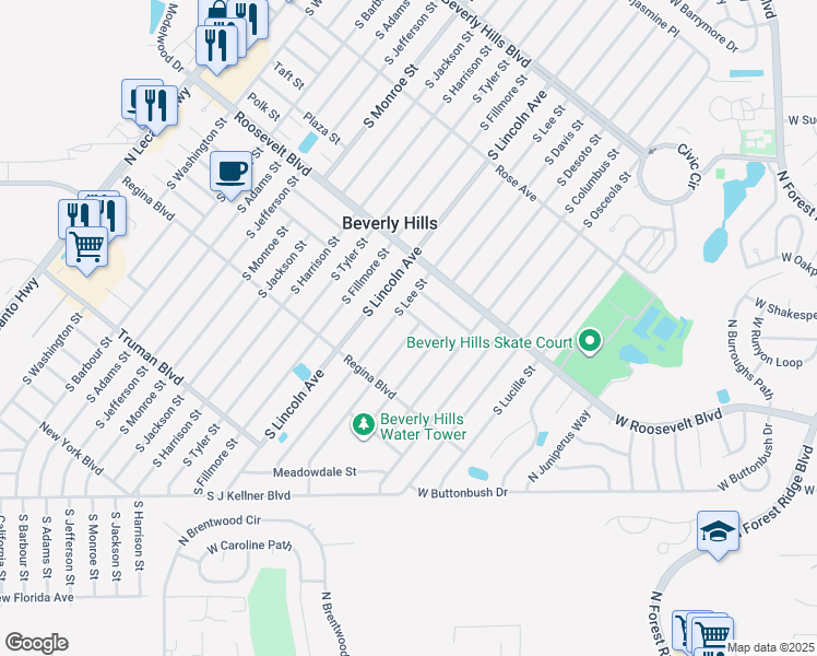 map of restaurants, bars, coffee shops, grocery stores, and more near 88 South Lee Street in Beverly Hills