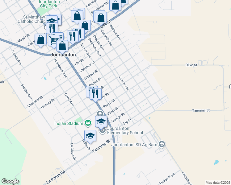 map of restaurants, bars, coffee shops, grocery stores, and more near 907 Olive Street in Jourdanton