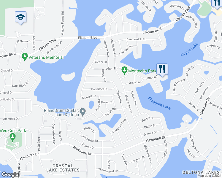 map of restaurants, bars, coffee shops, grocery stores, and more near 2332 Bannister Street in Deltona
