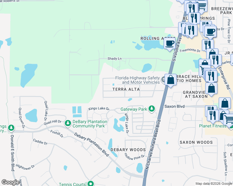 map of restaurants, bars, coffee shops, grocery stores, and more near 43 Maplehurst Avenue in DeBary